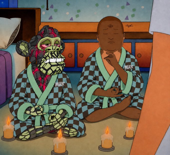 iced tea and candles are present on a table, with two cartoon characters seated at the table, one wearing a green robe and the other a blue robe.