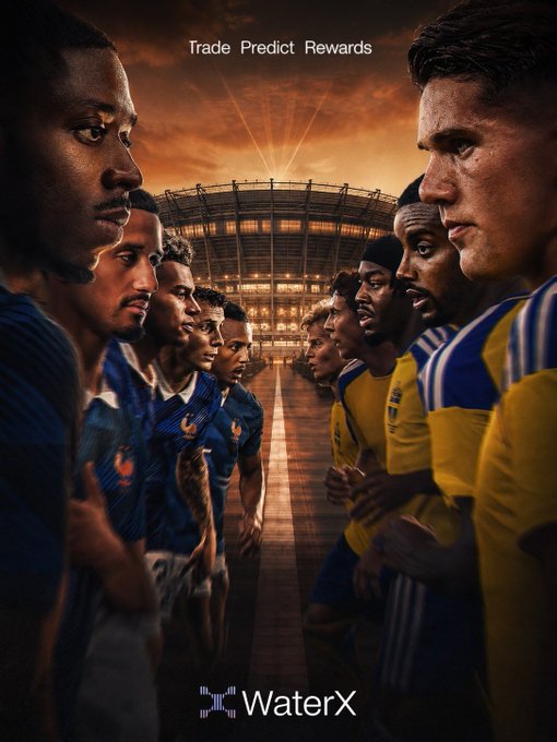 The image shows two opposing soccer teams facing off on a field with a stadium in the background, featuring the text "Trade Predict Rewards" at the top and "WaterX" branding at the bottom, aligning with the post's theme of competitive trading rewards on the WaterX platform following its BNB Chain integration.