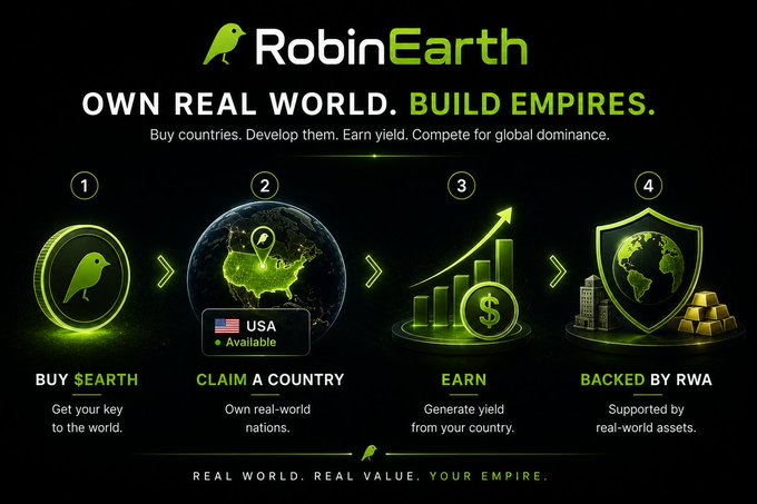 Promotional graphic for RobinEarth with the tagline 'OWN REAL WORLD. BUILD EMPIRES.' and four steps: Buy $Earth, Claim a Country (showing USA available), Earn, and Backed by RWA.