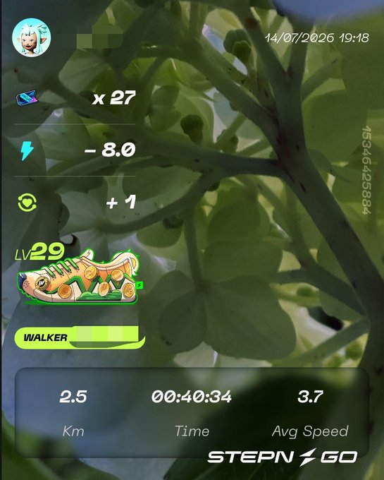 A STEP'N app screen with a plant background showing a Level 29 WALKER sneaker for a blurred user, with a 27x multiplier, -8.0 energy, and 2.5 km walked in 00:40:34.