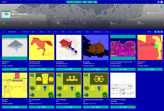 A screenshot of an NFT marketplace website titled 'objekt' showing 'Mo • Galleries' with various digital art pieces including 'KEEN SOFT', 'CLIP CLOP CLIP CLOP', and 'Yoshi Gold Pendents' displayed for sale.