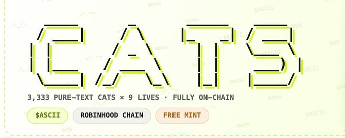 The image is a promotional banner for "CATS" — a project offering 3,333 pure-text cats across 9 lives, fully on-chain as $ASCII on Robinhood Chain, with a "FREE MINT" call-to-action. Given the post's warning to proceed with caution and use a burner wallet, the image represents the minting site being advertised, where users are being cautioned to protect themselves before participating.