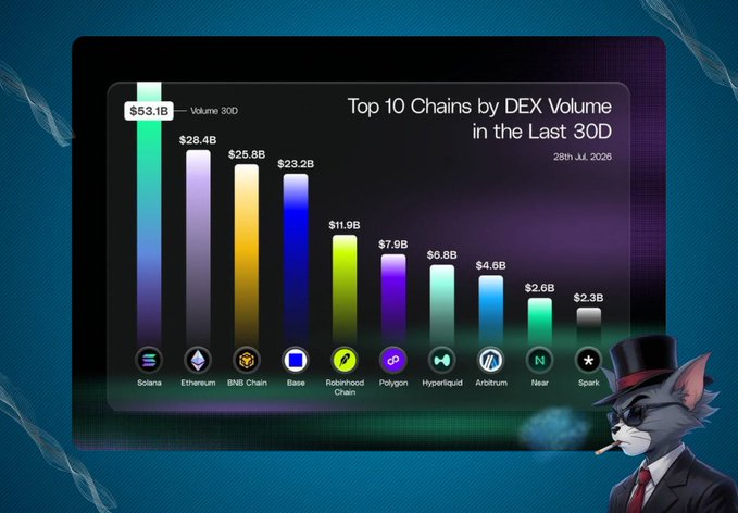 A bar chart titled 'Top 10 Chains by DEX Volume in the Last 30D' dated 25th Jul 2025, showing Solana leading at $53.1B, followed by Ethereum ($28.4B) and BNB Chain ($25.8B), with an anthropomorphic cat mascot in the corner.