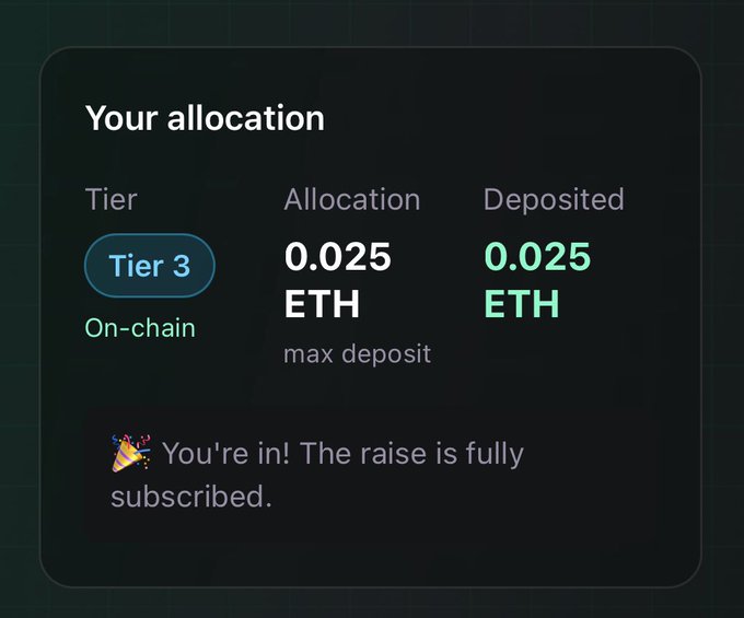 A dark-themed digital interface showing 'Your allocation' for Tier 3 On-chain, with an allocation and deposited amount of '0.025 ETH', and a confirmation message 'You're in! The raise is fully subscribed.'