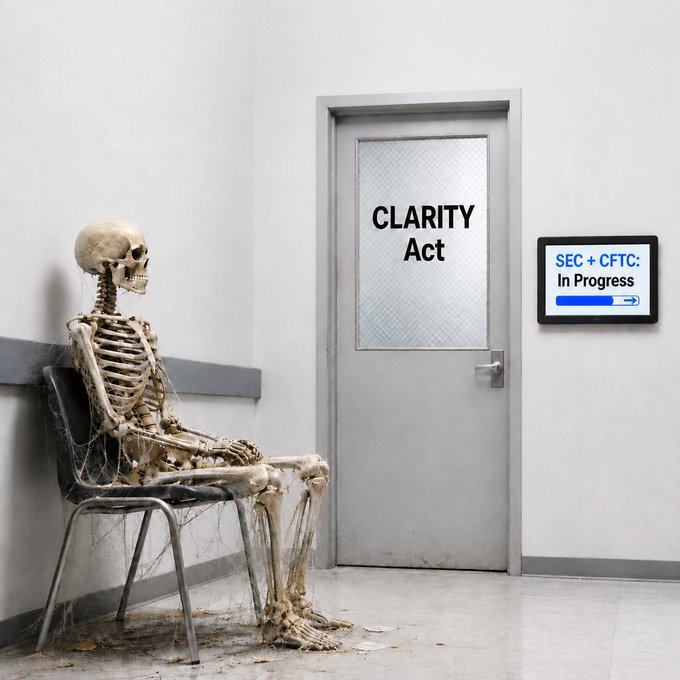A dusty skeleton waits patiently beside a door labeled "CLARITY Act" while a screen displays "SEC + CFTC: In Progress" with an unfinished loading bar—capturing the years of waiting for promised regulatory clarity in crypto.