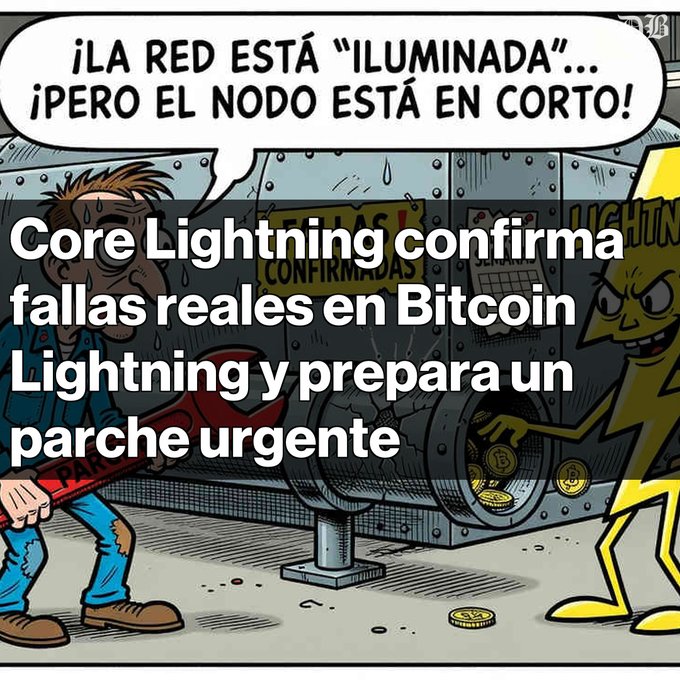 A Spanish-language comic meme reads "¡LA RED ESTÁ ILUMINADA...! ¡PERO EL NODO ESTÁ EN CORTO!" with overlay text "Core Lightning confirma fallas reales en Bitcoin Lightning y prepara un parche urgente."