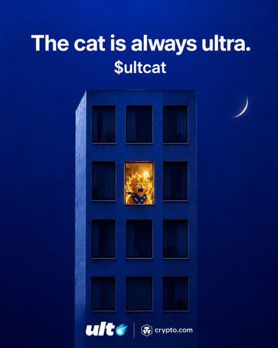 An advertisement for 'ult' and Crypto.com featuring a building at night with one illuminated window showing a cat, captioned 'The cat is always ultra. $ultcat' under a crescent moon.