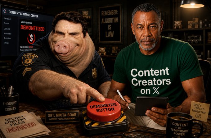 The image depicts a satirical scene where a police officer labeled "Internet Police Department" with a pig-like face is pressing a large red "Demonetize Button," while a man wearing a "Content Creators on X" t-shirt sits beside him holding a tablet, looking somber. Behind them, a monitor displays "Video Status: Demonetized" and a sign reads "Remember: Algorithm is Law," with a mug on the desk stating "Content is Temporary Power," illustrating the precarious relationship content creators have with platform monetization policies.