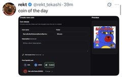 A screenshot of a tweet from 'rekt' (@rekt_tekashi) saying 'coin of the day', featuring a preview of a new audio room on X (formerly Twitter) with a colorful artwork image.