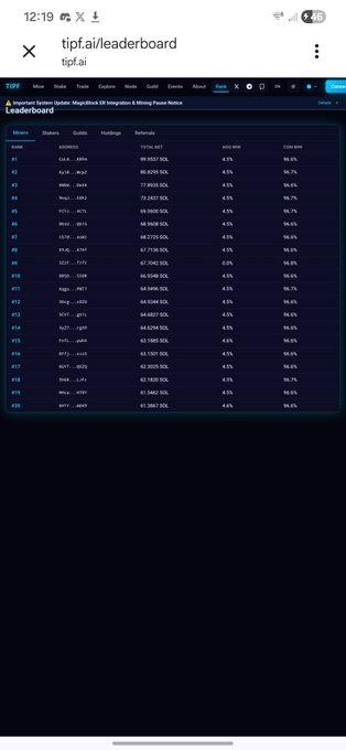 Mobile browser screenshot of tipf.ai leaderboard page showing an Inspection Domain Update leaderboard with usernames, SOL holdings, rankings, ROI, and win rates.