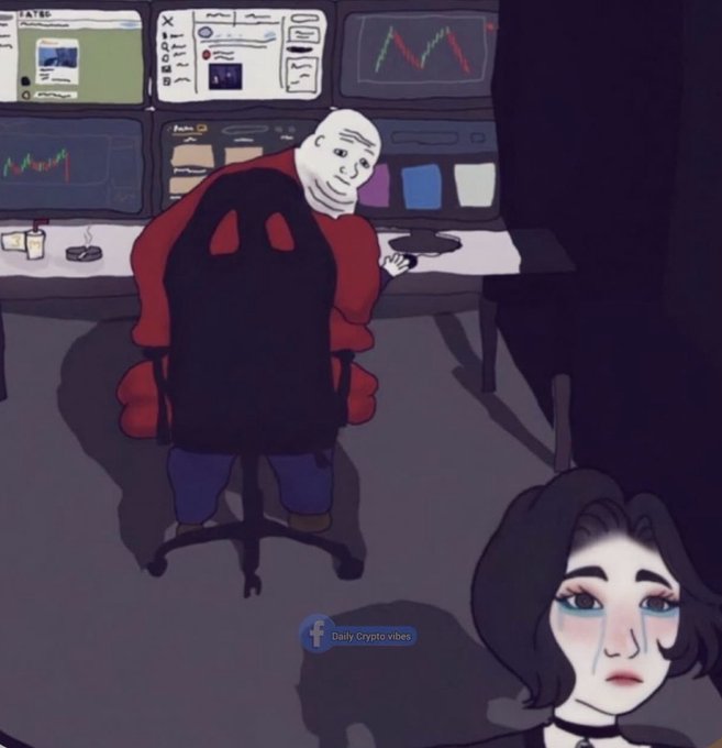 An animated scene showing a figure wearing a white smiling mask and red shirt sitting at a desk with multiple monitors displaying charts, while a sad-looking woman with a short bob watches from the right, with a "Daily Crypto vibes" watermark visible.