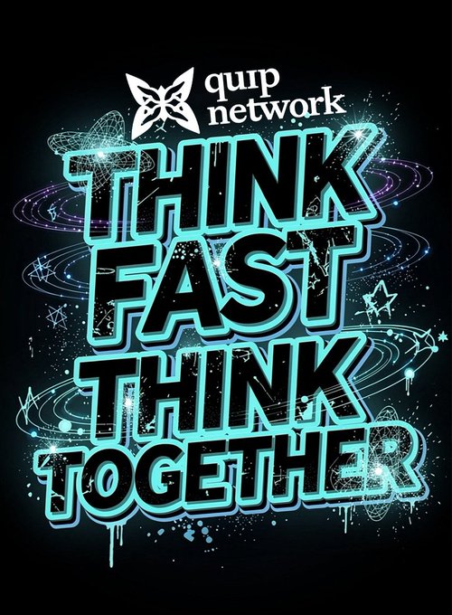 The image features a logo for Quantum tech, which says "Think Fast, Think Better" with a graphic design depicting a bird's eye view of two stars connected by a line. There are multiple instances of this graphic throughout the image, suggesting that it may be used in various contexts or designs related to Quantum technology and its applications. The logo, along with the accompanying text, promotes an idea of rapid advancements in scientific research and technological innovation within the field of Quantum computing.