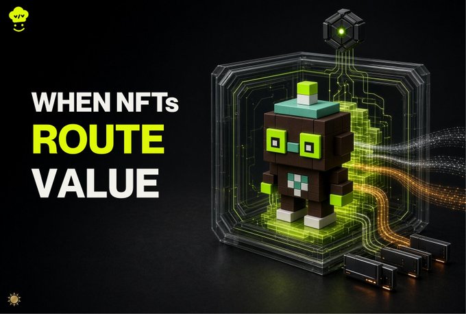 A pixelated green-and-brown NFT character is encased in a glowing glass cube with circuit-like pathways flowing out to server stacks, alongside the text "WHEN NFTs ROUTE VALUE," visually illustrating the post's thesis about NFTs acting as routers connecting ecosystem activity to real-world assets like RWAs and stock tokens.