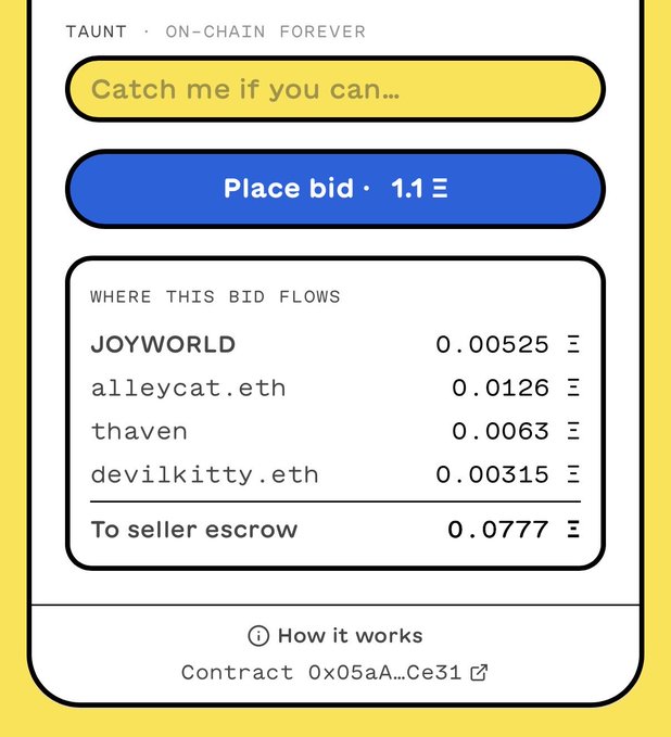 The image shows a screenshot of a text-based auction listing with information about where payments flow, such as alleycat.eth and devilkitty.eth. It also includes details about the next bid flows for sellers escrow, including JOYWORLD's rewards for those who contributed to building the auction up, and details on what happens if someone doesn't pay their share of the bids by a certain date (6/05/2022).
