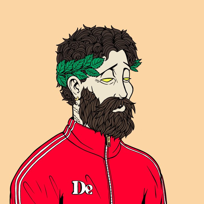 An illustration of a bearded man with a laurel wreath crown wearing a red tracksuit with 'D2' written on the chest, set against a tan background.