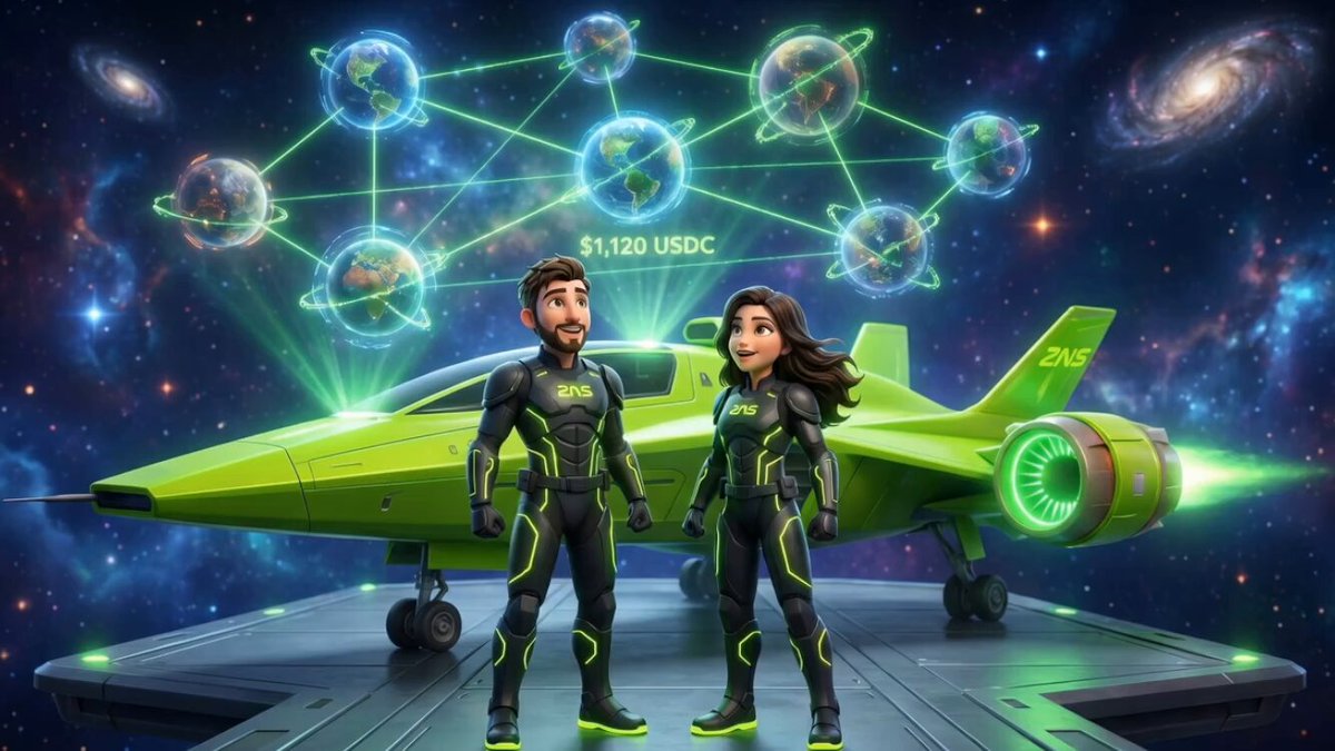 The image features two cartoon characters wearing full suits, each with a unique number on their chests. In front of them is an advertisement that reads " $1,190 USDC live across ZNS right now Seven ways to earn this week → @inkonchain Streak Wars ... — $600 USDC zns.bio/quests/arc-s2 ... — $200 USDC zns.bio/quests/raffle / ...".
