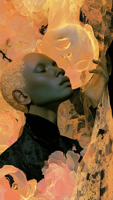 A digital artwork or AI-generated image featuring a green-skinned figure with short blonde hair in profile, surrounded by ethereal warm-toned floral and sculpted face elements.
