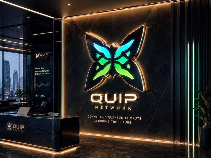 A sleek, modern corporate lobby with dark marble walls featuring a glowing green butterfly-wing logo for 'QUIP Network' with the tagline 'Connecting Quantum Compute. Securing The Future.'