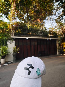 A person wearing a white baseball cap with a small cactus pin and a "7" emblem, standing outside a modern house with trees and a bench in the background.