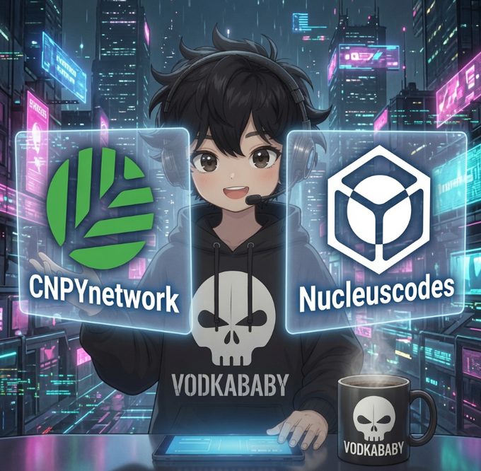 An anime-style illustration of a streamer named "VODKABABY" wearing a skull hoodie, flanked by floating logos for "CNPYnetwork" and "Nucleuscodes" against a neon cyberpunk cityscape background, with a branded mug on the desk.