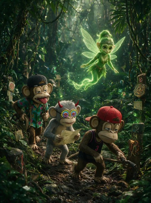 A digital illustration of three monkeys in a jungle setting, one with a lasso, one holding a map with colorful sunglasses, and one with a shovel wearing a red cap, with a glowing green fairy hovering above them.