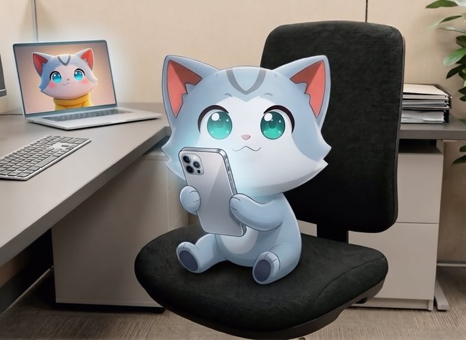 A 3D-rendered cartoon white cat character with large green eyes sitting on a black office chair while holding a smartphone, with a laptop in the background displaying the same cat character on its screen.