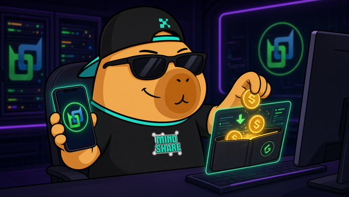 A cartoon illustration of a capybara character wearing sunglasses and a cap, holding a phone displaying a logo, and a wallet with coins, with 'MIND SHARE' text on it.