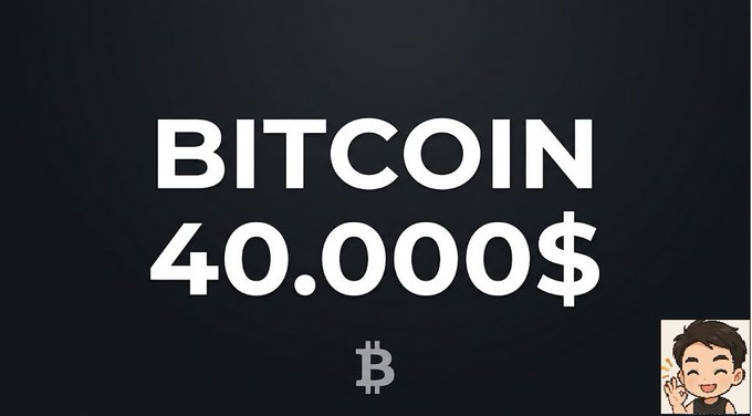 A bold graphic displaying 'BITCOIN 40.000$' with the Bitcoin logo on a dark background, accompanied by a small cartoon avatar in the bottom right corner.