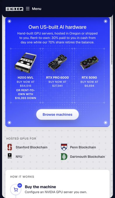BBMQ webpage advertising US-built AI hardware including H200 NVL, RTX PRO 6000, and RTX 5090 GPUs for purchase or rent-to-own, mentioning hosted GPUs for Stanford, Penn, NYU, and Dartmouth Blockchain.