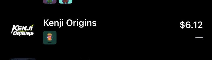 A mobile game interface showing 'Kenji Origins' priced at '$6.12' next to a cartoon character icon.