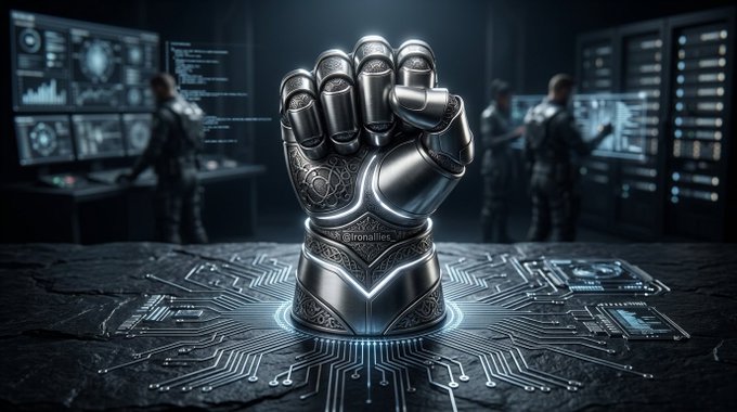 Digital art showing a metallic robotic fist with intricate engravings, displayed on a circuit board surface with figures and monitors in the background.