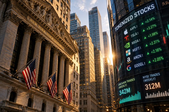The New York Stock Exchange building with American flags, alongside a digital display of 'Tokenized Stocks' showing AAPL, TSLA, NVDA, MSFT, AMZN, and GOOGL all up 2-3%, with weekly trade volumes of 312M and 342M.