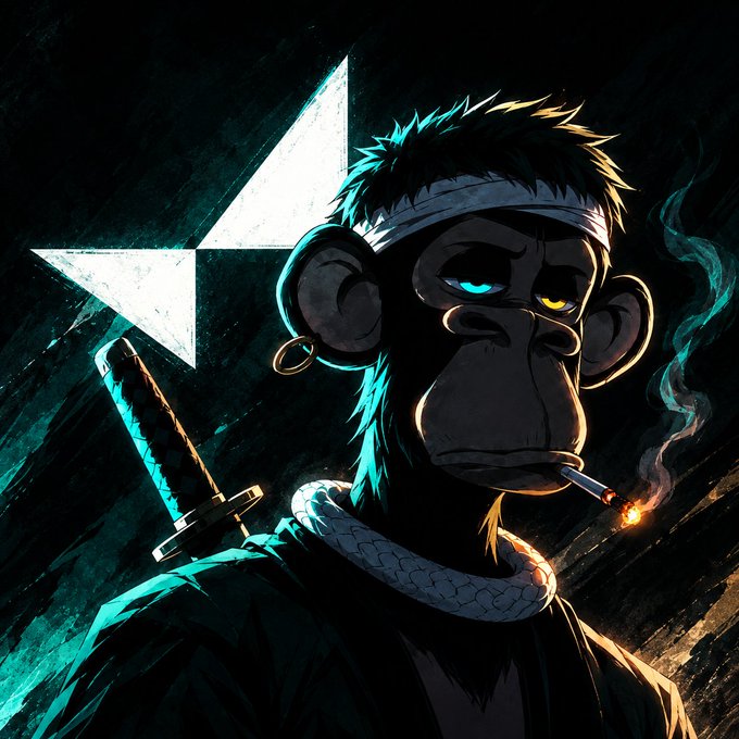 A stylized cartoon monkey with heterochromatic eyes, a headband, and a sword over its shoulder smokes a cigarette in a moody, dark teal-lit setting with a star symbol behind it. The image appears unrelated to the post's content about @vangrid_io's mapping system that uses smartphones as data nodes.