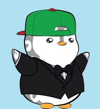 A cartoon penguin character wearing a green backwards cap, black tuxedo jacket, and bow tie, likely serving as a profile picture (pfp) to accompany the post about a favorite crypto wallet.