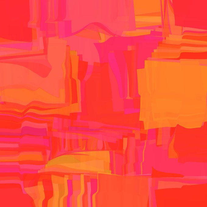 Abstract digital artwork featuring overlapping geometric shapes in warm tones of red, orange, and pink.