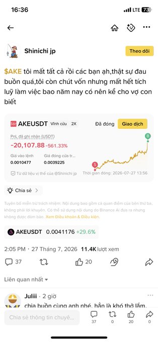 A mobile screenshot of a social media post by 'Shinichi jp' discussing the token '$AKE', showing price charts for 'AKEUSDT' displaying a -561.33% drop and a +29.6% increase, dated 2026-07-27.