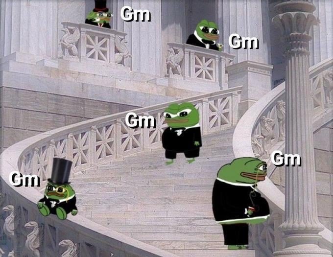 A meme featuring several Pepe the Frog characters dressed in formal suits and top hats on a grand staircase, each saying 'Gm'.