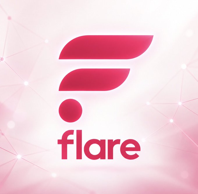 The image displays the Flare logo, featuring a stylized pink "F" composed of layered wing-like shapes above a circular dot, with the lowercase word "flare" beneath it, all set against a soft pink background with a subtle network of connected dots and lines. This branding directly ties into the post's praise of the Flare ecosystem as a standout community for creators.