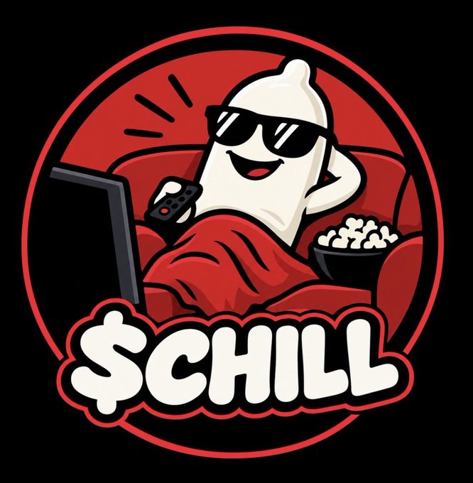 A circular logo featuring a cartoon baby bottle character wearing sunglasses, holding a remote, and relaxing with popcorn, with the text "$CHILL" displayed at the bottom.