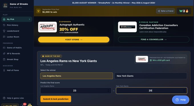 A screenshot of a Streaks sports prediction app interface showing the "Game of the Day" matchup between the Los Angeles Rams and New York Giants (NFL, 8:15 PM ET), with a locked prediction of 23 to 20.