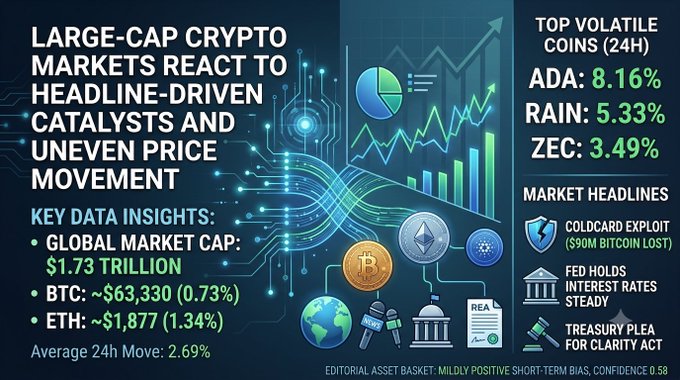 An infographic titled 'LARGE-CAP CRYPTO MARKETS REACT TO HEADLINE-DRIVEN CATALYSTS AND UNEVEN PRICE MOVEMENT,' showing BTC at ~$63,330, ETH at ~$1,877, a global market cap of $1.73 trillion, top volatile coins (ADA, RAIN, ZEC), and headlines like 'COLDCARD EXPLOIT' and 'FED HOLDS INTEREST RATES STEADY.'