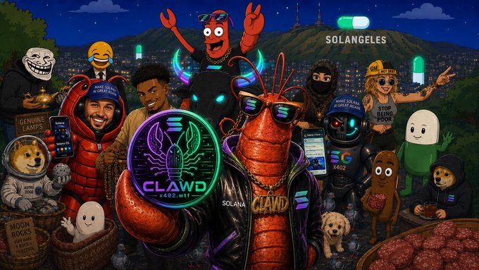 A colorful collage featuring the CLAWD token character, a lobster mascot, various meme figures, Doge, and Solana branding, set against a Rio de Janeiro favela backdrop with a 'SOLANGELES' toggle.