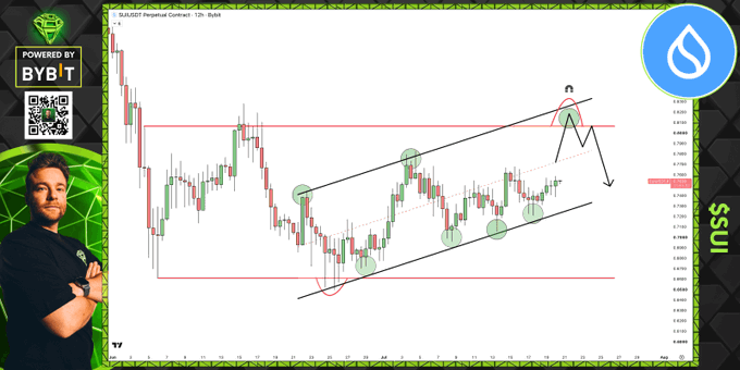A trading chart for SUIUSDT Perpetual Contract (12h) on Bybit shows the price contained within a rising channel, with a presenter on the left, and technical annotations highlighting a recent test of the upper resistance that has been rejected back toward the lower trendline support.