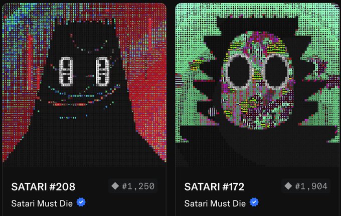 Two pixel-art digital collectibles from the "Satari Must Die" collection, labeled SATARI #208 (#1,250) and SATARI #172 (#1,904), feature glitchy, blocky black character designs against red and green backgrounds—matching the post's excitement about acquiring two pieces from the @phraze series.