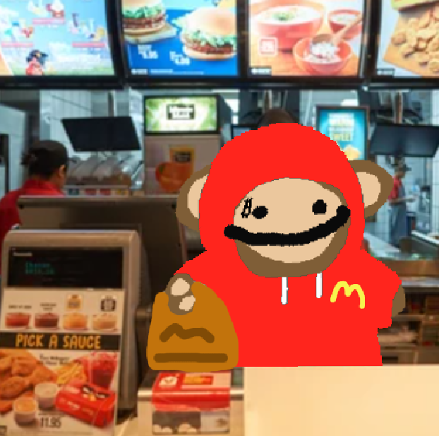 A cartoon monkey character in a red McDonald's hoodie holding a McDonald's bag, superimposed over a photo of a McDonald's restaurant interior.