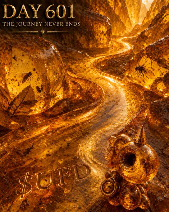 A close-up of a horned frog (one eye visible) resting among amber-colored rocks and a winding, liquid gold path, with "DAY 601 - THE JOURNEY NEVER ENDS" at the top and "$UFD" at the bottom. The imagery visually reinforces the post's themes of persistence and the ongoing journey of $UFD, with the gold tones symbolizing value and the frog embodying resilience on Day 601.