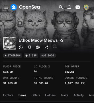 A mobile view of the OpenSea NFT marketplace displaying the "Ethos Meow Meows" collection page, featuring artwork of a cat wearing headphones, with stats showing a floor price of $32.99, 2,685 items, and a total volume of $1,683.07. The screenshot relates to the post by showing the collection details of the NFT the user recently received.