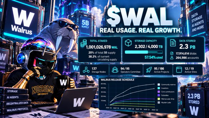 A Walrus ($WAL) cryptocurrency dashboard showing 'REAL USAGE. REAL GROWTH.' with stats: 1,001,026,978 WAL total staked, 2,302/4,000 TB storage capacity (57.54% used), 2.3 PB data stored, 17,914,614 blobs, 264,986 accounts, 137 storage nodes, and a Walrus release schedule chart.