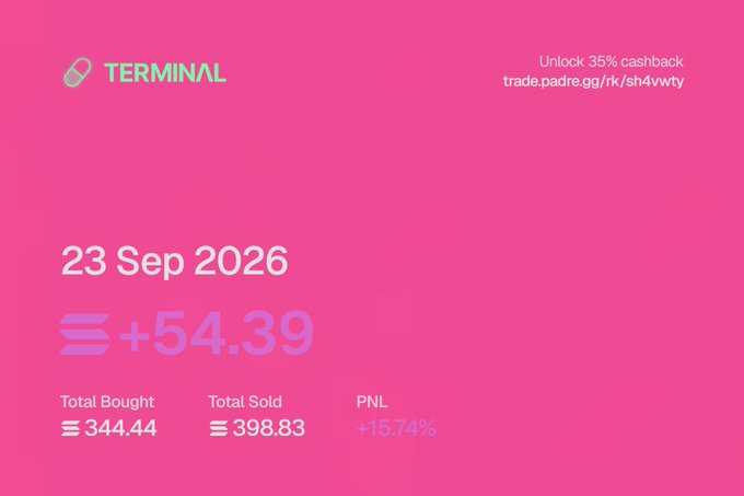 Pink-themed TERMINAL trading summary card showing 23 Sep 2026 results with PNL of +54.39 (+15.74%), total bought 344.44, total sold 398.83, and a 35% cashback promotion link to trade.padre.gg.