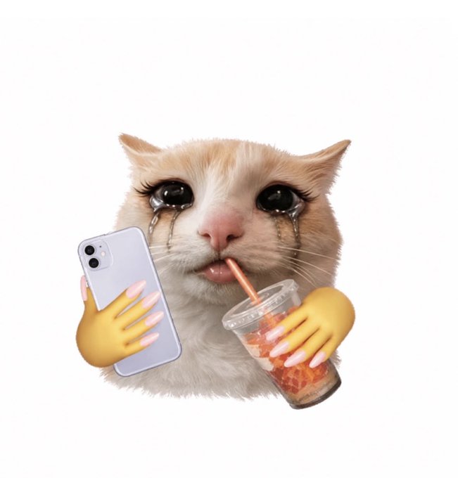 A sad, crying cat holds a smartphone in one hand while sipping an orange drink through a straw with the other, illustrating the post's warning about the "addictive" ease of overspending crypto through the Dope app—juxtaposing a fun beverage with the regret of impulsive crypto spending.